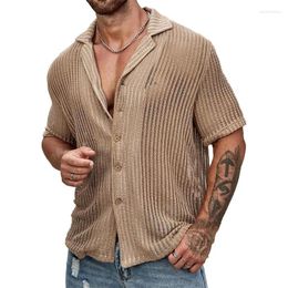 Men's Casual Shirts Sexy Hollow Out Breathable Knitted Shirt Men Summer Beach See Through Mens Short Sleeve Button Solid Colour