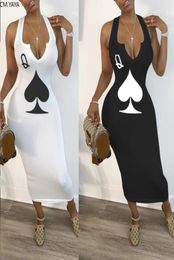 CMYAYA summer women black queen poker card sleeveless vneck tank bodycon midi midcalf dress club sexy party pencil dresses2914081