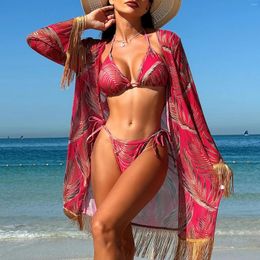 Women's Swimwear Red Print 2 Piece Swimsuit For Women Long Sleeve Cover-ups Tassel Strips Bikini Low Waist Thong Backless Bathing Suit