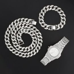 Pendant Necklaces 15mm Necklace Watch Bracelet Hip Hop Miami Curb Cuban Chain Gold Iced Out Paved Rhinestones CZ Bling Rapper For Men 242g