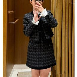 Women's Jackets Women Houndstooth Tweed Suit Elegant Round Neck Single Breasted Short Coat Or A-Line Mini Skirt Set For Female
