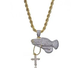 Hip Hop Brass Gold Colour Iced Out Micro Pave CZ Praying Hands Pendant Necklace Charm For Men Women247R2640218