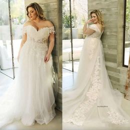 Plus Size Dresses Elegant 2023 Off the Shoulder Lace Applique Sweep Train Tulle Custom Made Cap Sleeves Beach Wedding Gown 0509