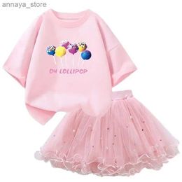 Clothing Sets 2024 New Summer Girls Candy lollipop T-shirt+Tutu Skirt 2PCS Childrens Party Birthday ClothingL2405L24045