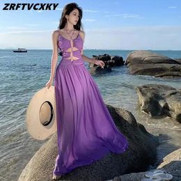 Casual Dresses Summer Purple Sleeveless High Waist Long Dress Women 2024 Sexy Backless Elegant Hollow Out Sand Party Bandage Sling