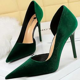 Dress Shoes Fashion Women 10.5cm Thin High Heels Lady Pointed Toe Velvet Stripper Pumps Green Purple Escarpins Wedding Bridal