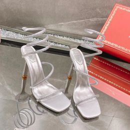 Rene caovilla Cleo rhinestones-studded stiletto sandals 9.5cm Square head Snake Strass Ankle Wraparound stiletto women's high heels luxury designer shoes with box 42
