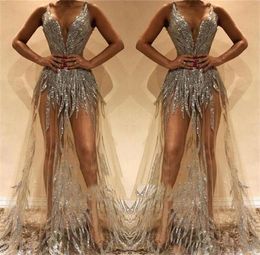 2019 New Arrival Illusion Long Prom Dresses Deep VNeck Beads Sequined Party Gowns See Through Chic Evening Dress Custom Made Robe4829500