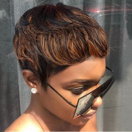 Natural Short Bob Pixie Cut Wigs For Black Women Straight Coloured Human Hair With Bangs Glueless Natural Brazilian Hair