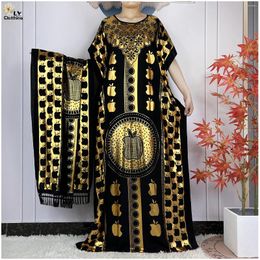 Ethnic Clothing Summer Short Sleeve Robe Cotton Loose Lady Dress With Big Scarf Gold Stamping Boubou Maxi Islam Women African Abaya