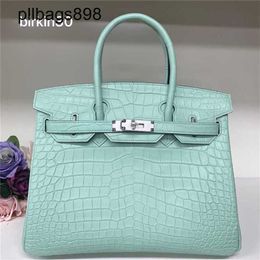 Cowhide Handbag Brkns Genuine Leather Matte high-end crocodile skin belly half honey wax 30 with mint green02HP5CST