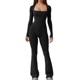 Women s Sexy Open Back Jumpsuit Square Neck Solid Colour Leggings Long Sleeve Straight Leg Wide 240429