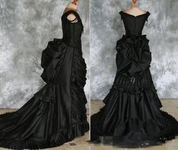 Gothic Victorian Bustle Gown with Train Vampire Ball Masquerade Halloween Black Beaded Steampunk Goth 19th century Wedding Dresses9602862