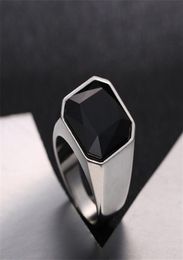 Fashion Mens Signet Rings Stainless Steel Colour silver Band with Black Stone Inlay Ring for Men Vintage Biker Jewellery Bague Anel M5478367