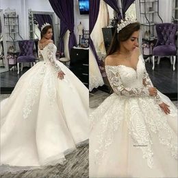 Princess Scoop Neck Lace Tulle Court Train Gowns Applique Beads Long Sleeve Ball Gown Wedding Dresses 0509