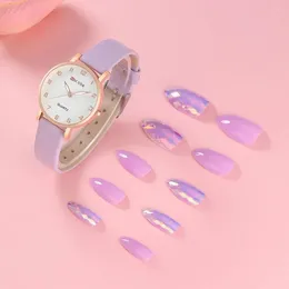 Wristwatches Women Fashion Leather Belt Watches & False Nail Tablets Set Quartz Purple Enhancement Dress Clock