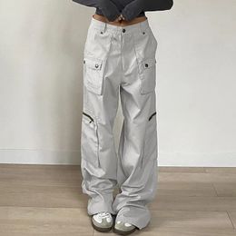 Streetwear Zipper Pockets Cargo Trousers Women Casual Straight Leg Denim Jeans Harajuku Low Rise Baggy Pants Outfits 240508