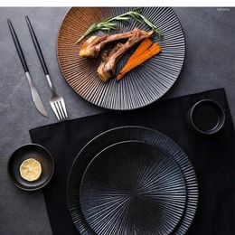 Plates Japanese Ceramic Tableware Western Steak Dish Retro Striped Disc Rice Bowl Dessert Salad Kitchen Cutlery Decorative Plate