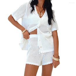 Women's Hollowed Crochet Knit Outfits Beachwear Cover-ups Sets Solid Colour Short Sleeve Button Down Shirt Tops With Shorts