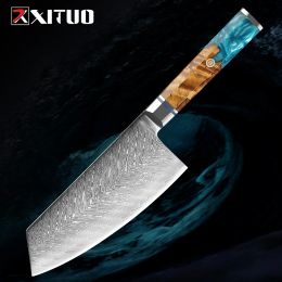7in Meat Cleaver Damascus Chef Knife, Japanese VG10 Steel Core Sharp Knife, Multipurpose Kitchen Cooking Vegetable Cutting Knife
