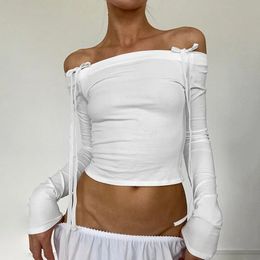 CUTENOVA Women Off Shoulder Long Sleeve T Shirts Autumn Y2K Elegant White Crop Tops Skinny Strapless Casual Basic Tees Bow 240509