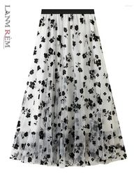 Skirts LANMREM Women Mesh Skirt High Waist Print Pleats Ankle-Length Versatile 2024 Female Fashion Clothing 2Z1136
