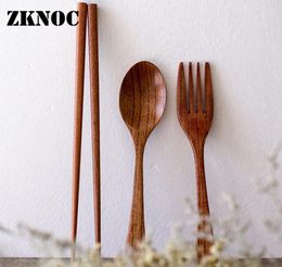 High Quality Portable Wooden Reusable Spoon Fork Chopsticks Set Tableware Flatware Simply Wash For Camping Drop5770653