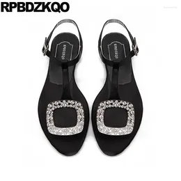 Sandals Silver Shoes Diamond Bridal Women Flat Summer 2024 T Strap Crystal Rhinestone Satin Black Runway Embellished Bling Blue