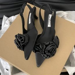 DOGHC 2024 Womens Rhinestone Flower Decor Low Heels Elegant Point Toe Dress Pumps Fashion Ankle Strap Heels 240509