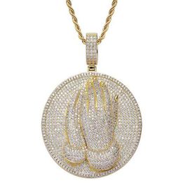 14K Gold Praying Hands Medal Pendant Charm Round Diamond Cubic Zirconia Gold Silver Necklace with 24inch Rope Chain5305945
