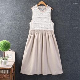 Casual Dresses Spring Summer Sweet Hollow Out Mesh Patchwork Cotton Linen Dress Women Sleeveless 824-645