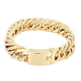 21 5CM 14MM BRAND NEW HIGH QUALITY HEAVY MEN'S Jewellery GIFT BIKER 316L STAINLESS STEEL CUBAN CURB LINK GOLD BRACELET BANGLE 220c