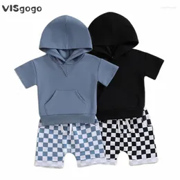 Clothing Sets VISgogo Toddler Baby Boys Summer Outfits Solid Colour Hooded Short Sleeve Tops And Checkerboard Elastic Waist Shorts Clothes