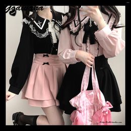 Women's Blouses Japanese Style Mine Mass Production Sailor Collar Cross Lace Long Sleeve Shirt Girls Sweet Blusas Women Tops