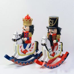 Miniatures 30CM Christmas Rocking Horse Nutcracker Soldier Puppet Children's Gift Wooden Handcraft Riding Horse Doll Toy Home Decoration