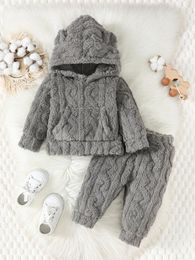 Clothing Sets Grey Fuzzy Design Sense Baby Boy Suit Hooded Long-Sleeved Pocket Top Elastic Waist Pants For Boys Simple Solid Colour Hoodie