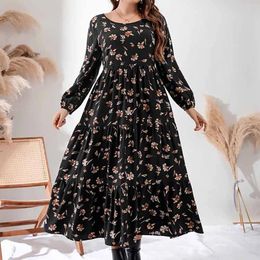 Casual Dresses Plus Size 4XL Black Floral Print Midi Dress Women Summer Fall Long Sleeved Party A Line Elegant Loose Boho