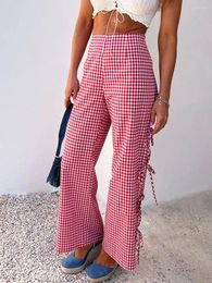 Women's Pants Rose Red Wide Leg With Plaid Side Straps And Hollowed Out Loose Spring/Summer Casual Sports Bottoms