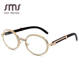 Fashion Small Round Diamond Sunglasses Men New Transparent Clear Lens Women Oval Crystal Wood Glasses Rhinestone oculos 2734