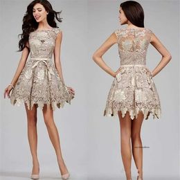 2024 Champagne Short Mini Arabic A Line Homecoming Dresses Full Lace Jewel Neck Bow Kne Length Celebrity Evening Tail Prom 0509