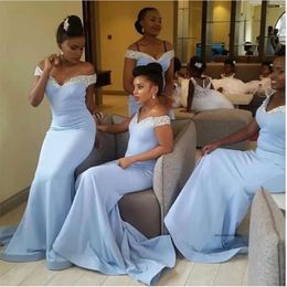 Light Sky Blue African Bridesmaid Dresses Mermaid Satin Sparkle Crystals Maid Of Honor Gowns Off Shoulder Wedding Guest Dress 0509