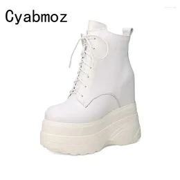 Boots Women Height Increasing Sneakers Genuine Leather Wedges Shoes Super High Heels Ankle Booties Thick Sole Platform 16CM Boot