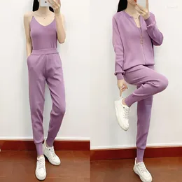 Women's Two Piece Pants High Street Three Pieces Suits Round Collar Zipper Up Top Mini Tank Solid Wide Legs Long Female Autumn Knitted Sets