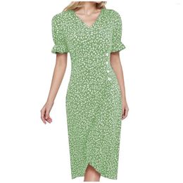 Casual Dresses Summer Floral Print Women Short Sleeve Button Boho Holiday Female V-Neck Beach Midi Dress Elegant Robe