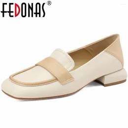 Casual Shoes FEDONAS Concise Square Toe Women Pumps Low Heels 2024 Spring Autumn Genuine Leather Comfortable Mixed Colors Working Woman