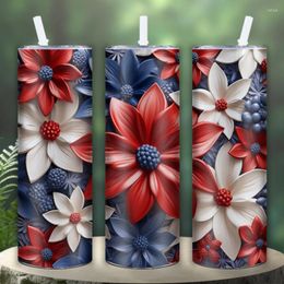 Water Bottles Solid Blue White And Red Flower 3D Print Pattern Sublimation Stainless Steel Cup With Lid Straw Thin Bottle Gift