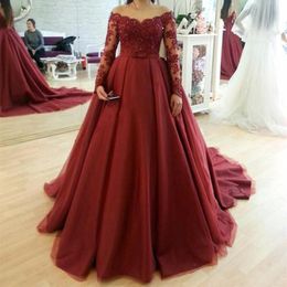 Burgundy off the Shoulder Long Sleeves Gothic Ball Gown Wedding Dresses Beaded lace Satin Non White Colourful Arabic Bridal Gowns Custom 214g