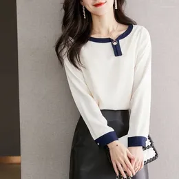 Women's T Shirts Spring Autumn Rivet Round Neck Pullover Chiffon Contrast Colour Long Sleeve T-shirt Casual Elegant All-match Tops