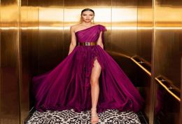 Charming One Shoulder Purple Prom Dresses Sexy Side High Slit Open Back Long Formal Evening Gowns Cheap Chiffon Women Dress vestid5542595