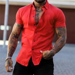 Men's Dress Shirts Short Sleeved Lapel Shirt Elastic Thin Solid Color Sports Casual Cardigan Business No Iron Oversized Xs-4xl